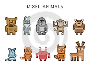 Vector set of 8 bit pixel animals