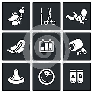 Vector Set of Abortion Icons. Equipment, Surgery, Birth, Monthly, Date, Medicine, Contraception, Diagnosis, Test.