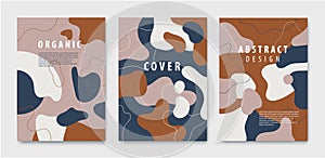 Vector set of abstract backgrounds, covers with organic, fluid shapes and hand draw line in earth nude colors. Modern