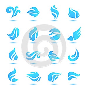 Vector set of abstract blue flow logos, water icons, splash