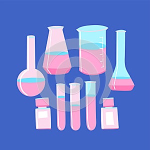 Vector set of abstract chemical flasks and bottles isolated on blue background