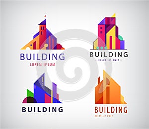 Vector set of abstract colorful city, building composition signs, icons, logos isolated. Towers, construction.