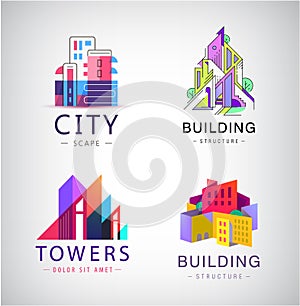 Vector set of abstract colorful city, building composition signs, icons, logos isolated. Towers, construction.