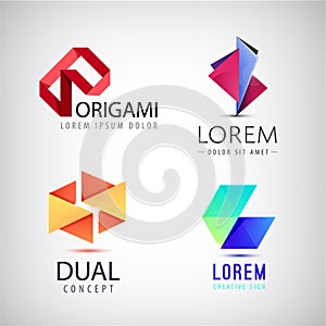 Vector set of abstract colorful ribbon logos, origami, paper 3d icons isolated. Identity for company, web site logos.