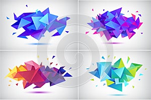 Vector set of abstract facet 3d shapes, geometric banners. Low poly triangle posters, modern concept background