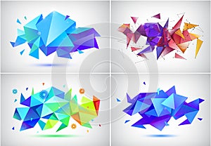 Vector set of abstract facet 3d shapes, geometric banners. Low poly triangle posters, modern concept background