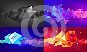 Vector set of abstract facet 3d shapes, geometric banners. Low poly triangle posters, modern concept background