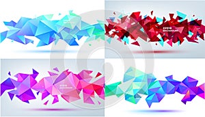 Vector set of abstract facet 3d shapes isolated. Horizontal crystal banners, posters, geometric backgrounds. Red, purple