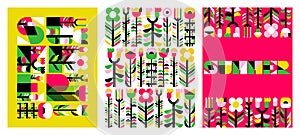 Vector set of abstract floral greeting cards with simple flowers and summer lettering. Naive blossoming plants