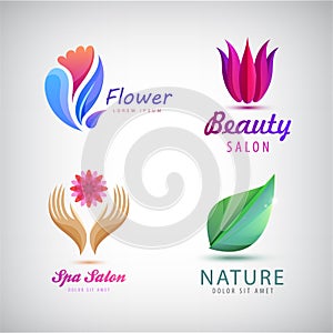Vector set of abstract flower, spa, health care, wellness, resort logos design. Hands holding flower, lotus, leaf