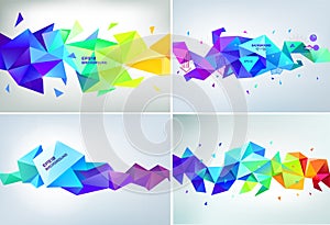 Vector set of abstract geometric 3d facet shapes, horizontal banners, backgrounds, wallpapers.