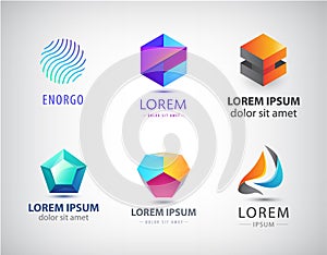Vector set of abstract geometric 3d logos, shapes. Crystal facet origami Logo Collection. graphic design elements for