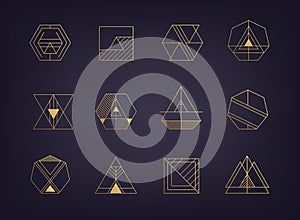 Vector set of abstract geometric logos. Art deco, hipster, golden