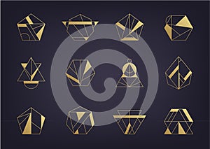 Vector set of abstract geometric logos. Art deco, hipster, golden line style. Hexagon, triangle, polygon linear shapes.
