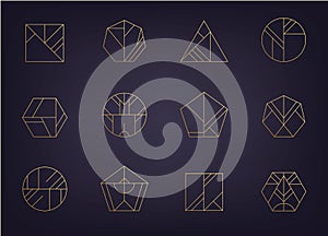 Vector set of abstract geometric logos. Art deco, hipster, golden line style icons