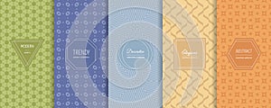 Vector set of abstract geometric seamless patterns. Colorful minimal backgrounds