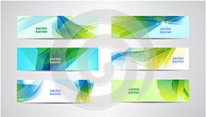Vector set of abstract green and blue banners. Wavy, sunny summer background