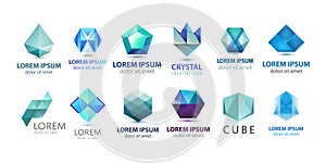 Vector set of abstract logo design, geometric technology icons, business 3d shapes collection. Origami, crystal forms