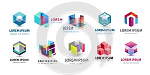 Vector set of abstract logo design, geometric technology icons, business 3d shapes collection. Origami, crystal forms
