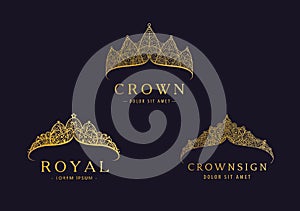 Vector set of abstract luxury, royal golden company logo icon design. Elegant crown, tiara, diadem premium symbol. Hand