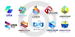 Vector set of abstract origami, geometric logos. Company business design elements, hexagon shapes, graphic signs