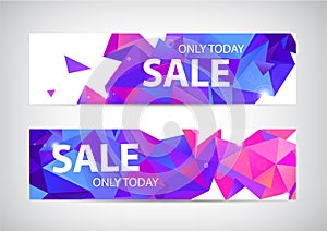 Vector set of abstract origami geometric sale banners. Purple low poly facet promotion banner