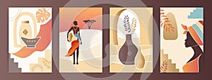 Vector Set of abstract posters with African woman in turban in minimalistic style. Ceramic vase and jugs, plants, abstract shapes
