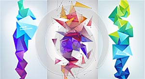 Vector set of abstract vertical facet banners, 3d crystal shapes.