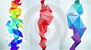 Vector set of abstract vertical facet banners, 3d crystal shapes.