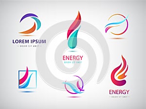 Vector set of abstract wavy energy, power, technology, fire logos. Solar Energy and Renewable