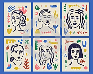 Vector set of abstract woman faces, matisse style illustrations, collage portrait posters, prints. Brush drawing with