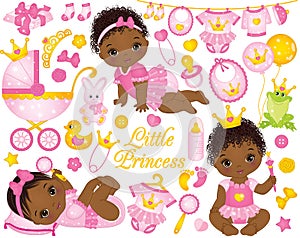 Vector Set with African American Baby Girls Dressed as Princesses