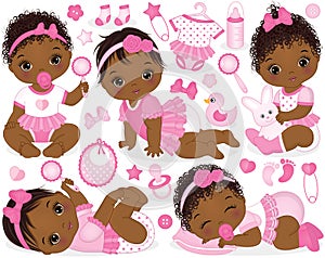 Vector Set with African American Baby Girls, Toys and Accessories