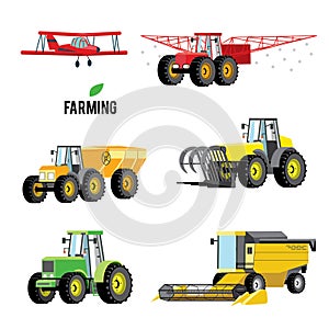 Vector set of agricultural vehicles and farm machines. Tractors, harvesters, combines. Illustration in flat design.
