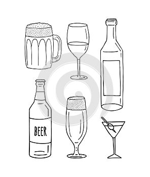 Vector set of alcohol bottles and glasses