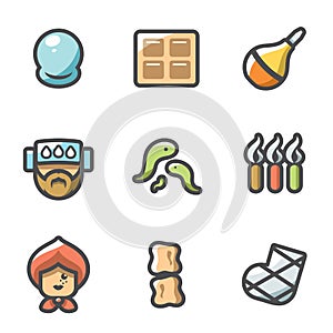 Vector Set of Alternative Medicine Icons. Vacuum therapy, Mustard plaster, Enema, Compress, Girudotherapy, Aromatherapy photo