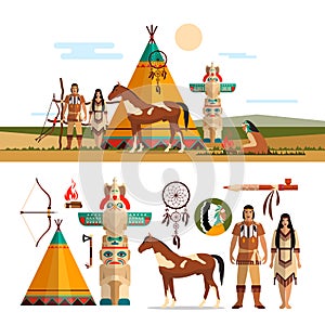 Vector set of American indian tribal objects, icons, design elements in flat style. Totem, fire place photo