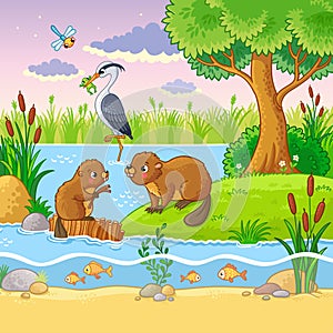 Vector set with animals and nature in a children`s style.