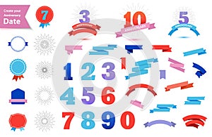 Vector set of anniversary dates. Create your own anniversary sign. Retro ribbons, bagges, sun burst, numbers 1,2,3,4,5,6