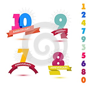 Vector set of anniversary numbers design. 10, 9, 7, 8 icons, compositions with ribbons.