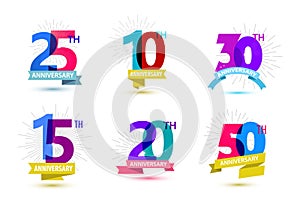 Vector set of anniversary numbers design. 25, 10, 30, 15, 20, 50 icons, compositions with ribbons. Colorful transparent