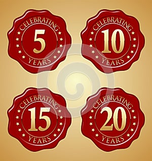 Vector Set of Anniversary Red Wax Seal 5th, 10th, 15th, 20th