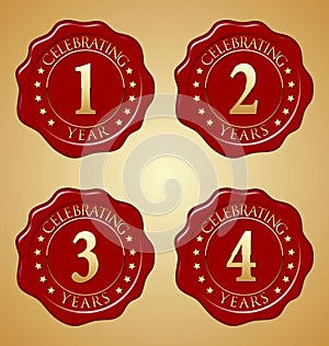 Vector Set of Anniversary Red Wax Seal First, Second, Third, Fourth