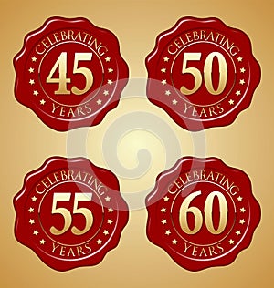Vector Set of Anniversary Red Wax Seal 45th, 50th, 55th, 60th