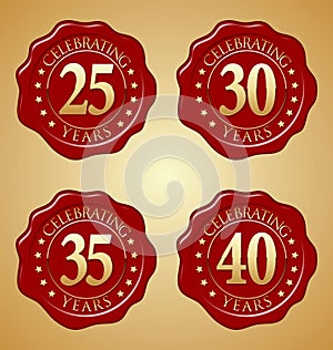 Vector Set of Anniversary Red Wax Seal 25th, 30th, 35th, 40th photo