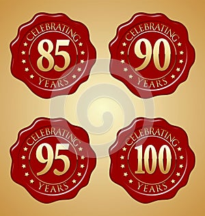 Vector Set of Anniversary Red Wax Seal 85th, 90th, 95th, 100th