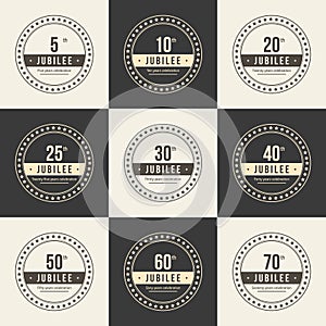 Vector set of anniversary symbols. 5th, 10th, 20th, 25th, 30th, 40th, 50th, 60th, 70th anniversary logo`s