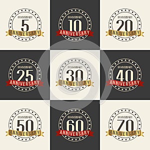 Vector set of anniversary symbols. 5th, 10th, 20th, 25th, 30th, 40th, 50th, 60th, 70th anniversary logo`s collection.