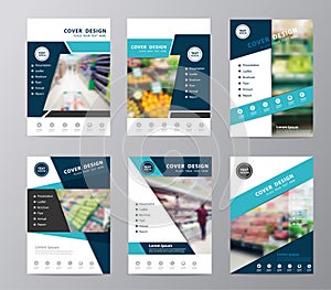 Vector set annual report brochure supermarket in blurry background