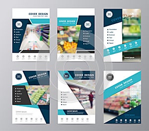 Vector set annual report brochure supermarket in blurry background photo